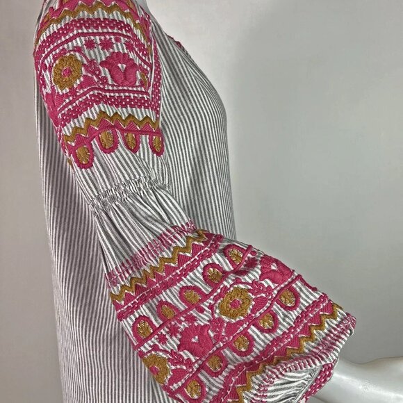 Sz S Ivy Jane Adele Boho Mini Dress Stripes Embroidered Balloon Sleeves - Picture 4 of 16